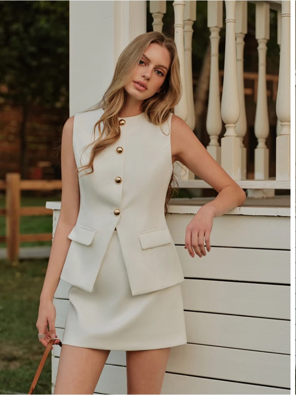 Commense White Tailored Sleeveless Vest Top with Gold Buttons - Picture 3 of 6